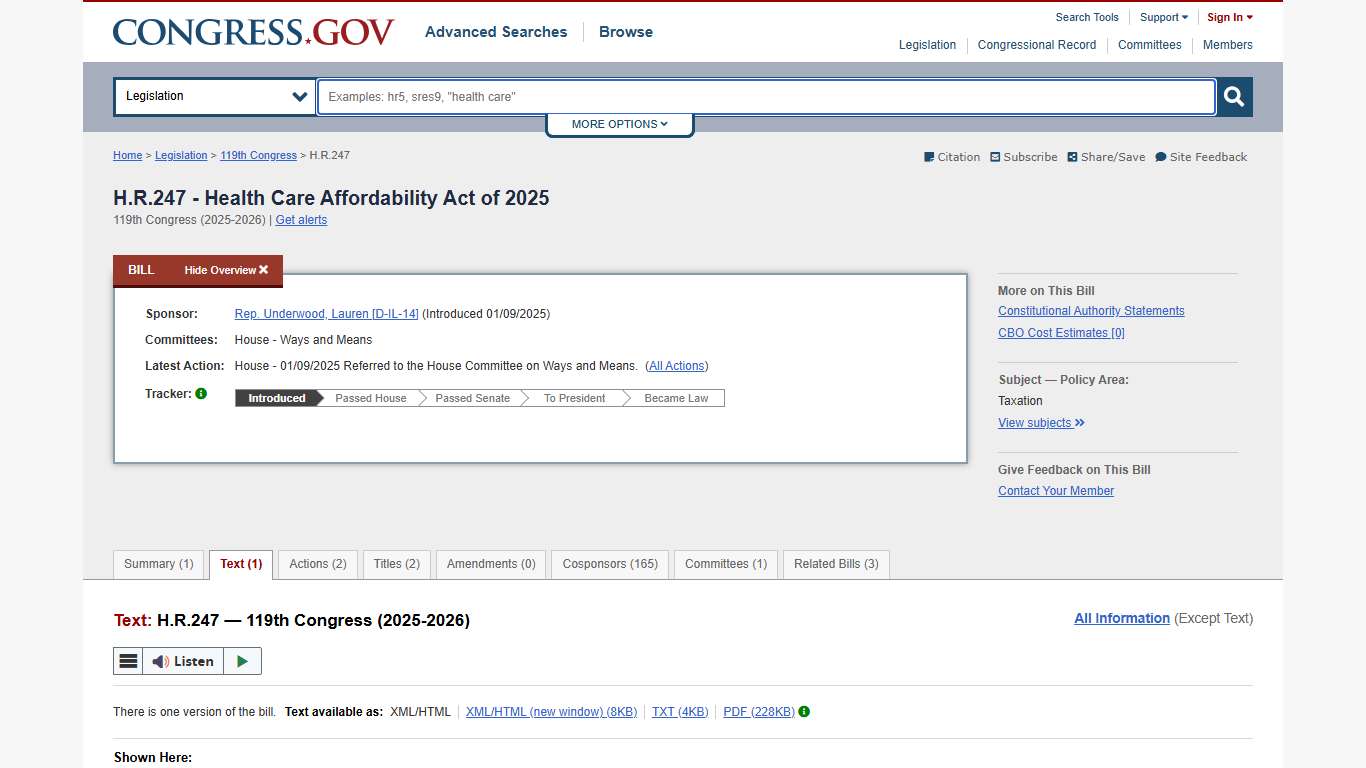 Text - H.R.247 - 119th Congress (2025-2026): Health Care Affordability Act of 2025 | Congress.gov | Library of Congress