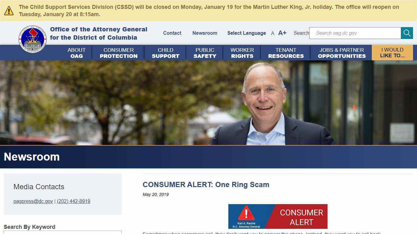 CONSUMER ALERT: One Ring Scam | Attorney General Brian Schwalb